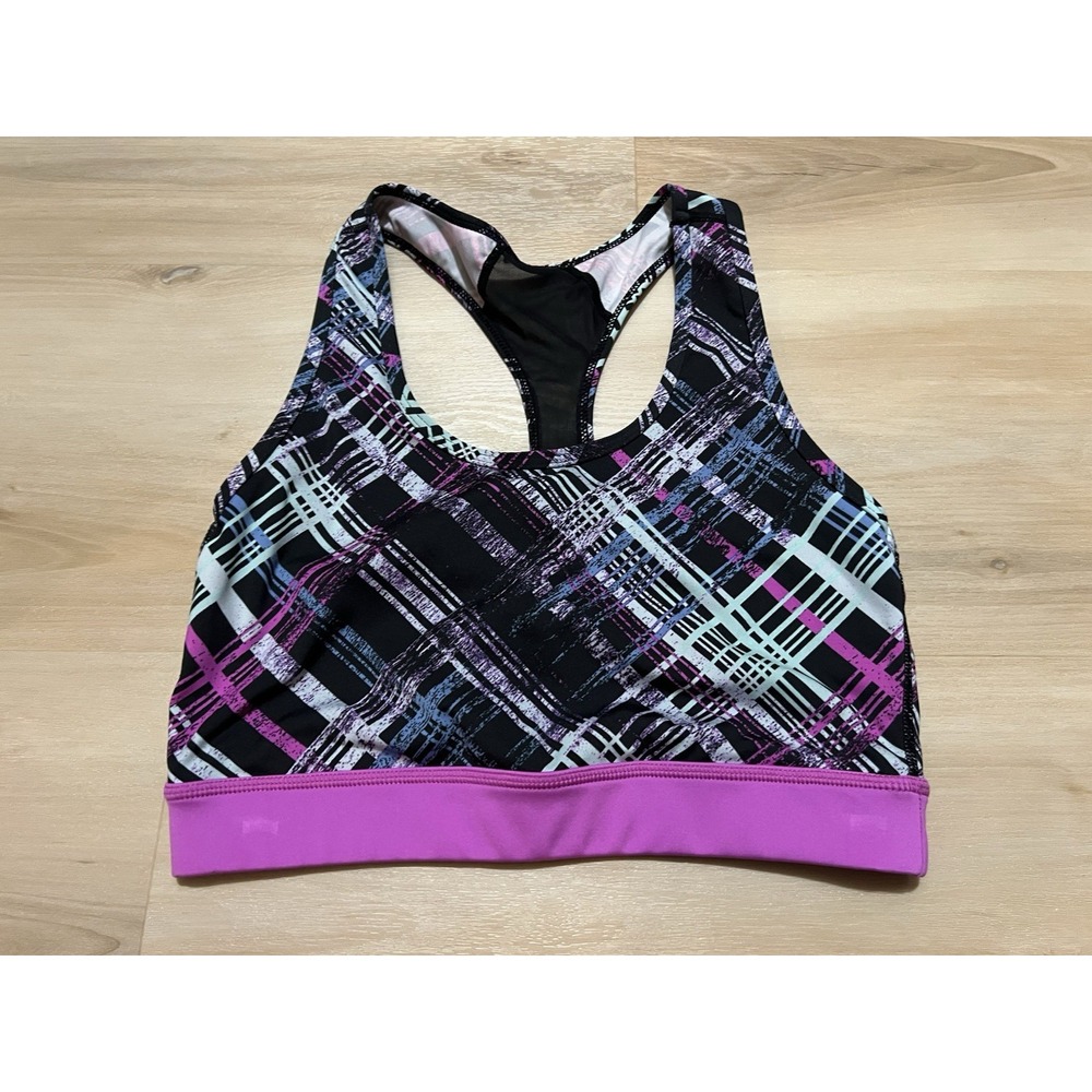 Lularoe Rise Invincible Sports Bra Medium Black Pink Abstract Print No Padding